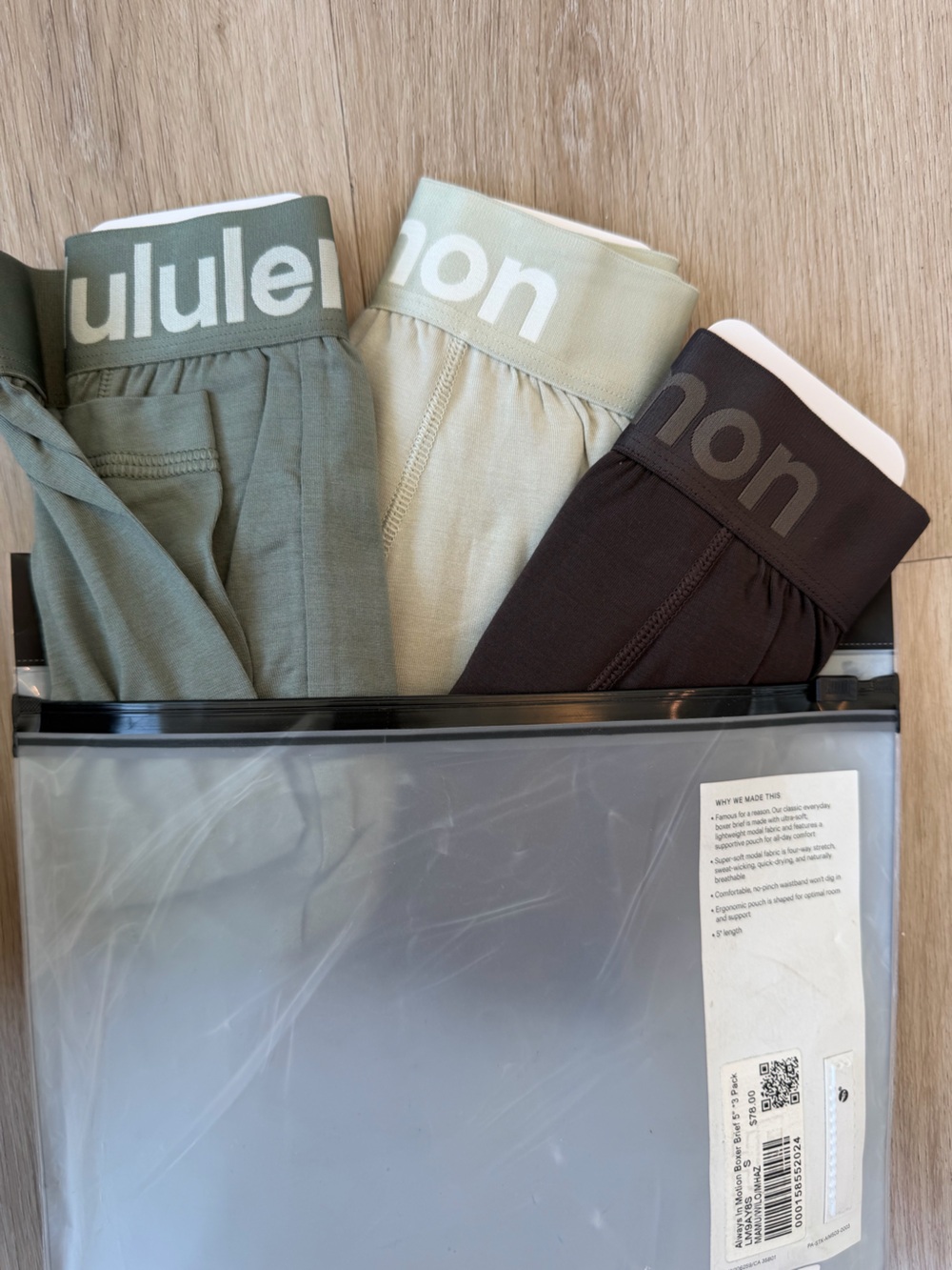 lululemon athletica Men's Always in Motion boxer briefs 5” — Olive, Sage, Brown